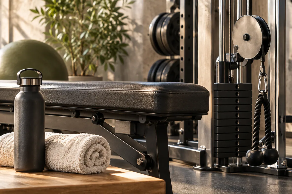 Conceptual gym-selection still life with a training bench, strength equipment and a towel.