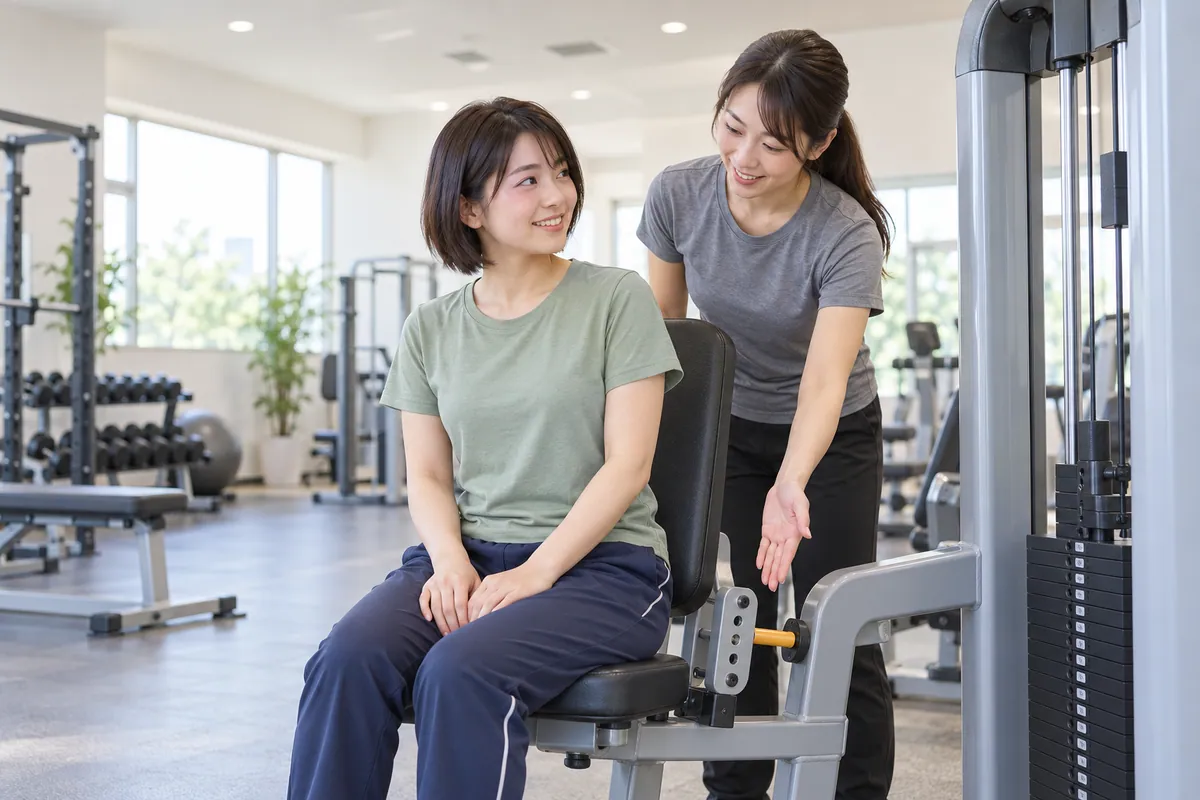 架空のトレーニング室で、座席調整の説明を受ける20代の成人女性と、隣で説明する成人女性。