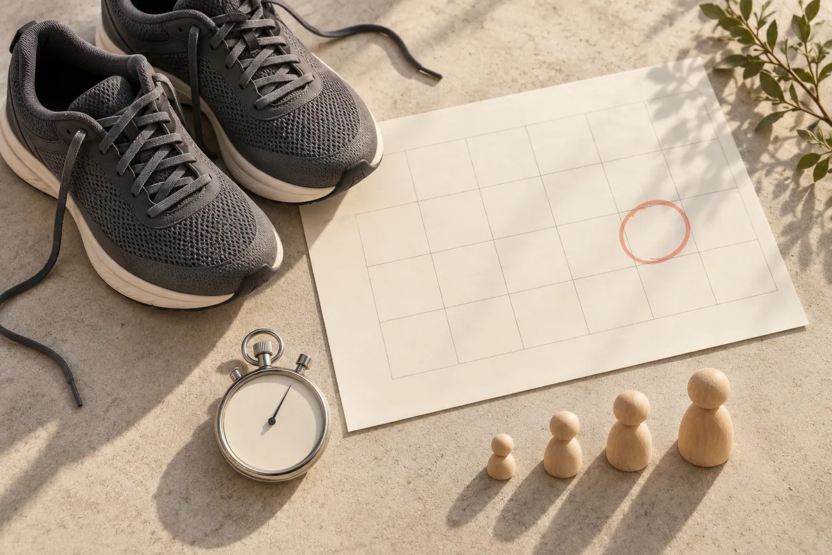 Conceptual race-day age check with running shoes and an unlabelled calendar featuring one circled cell.