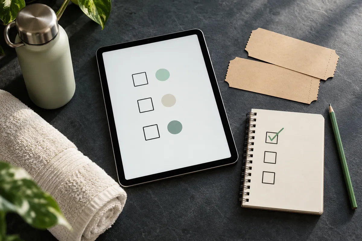 Conceptual entry checklist with a tablet, blank tickets and checkboxes.