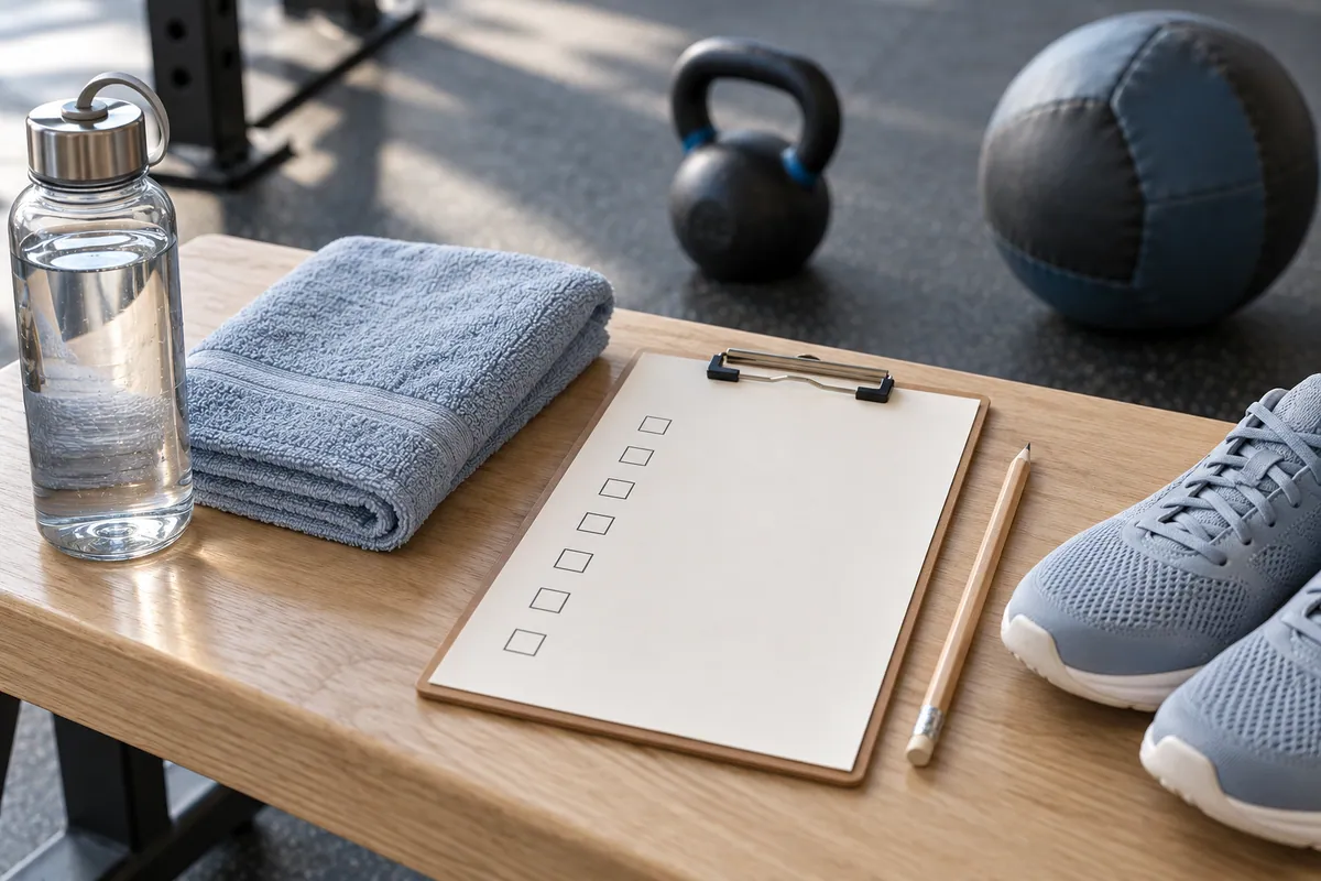 Conceptual first gym trial with seven blank checkboxes and a neatly prepared training kit.