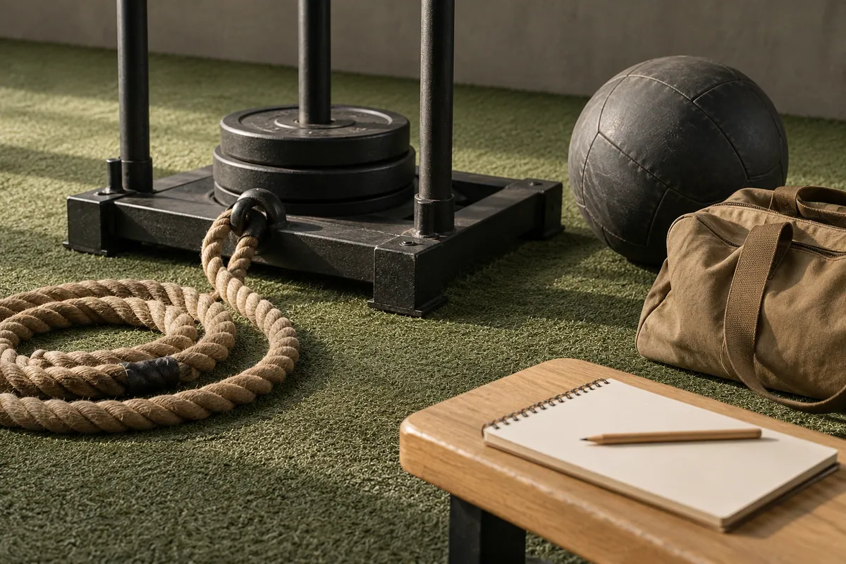 Conceptual HYROX trial-planning image with a sled, rope, medicine ball and blank planner.