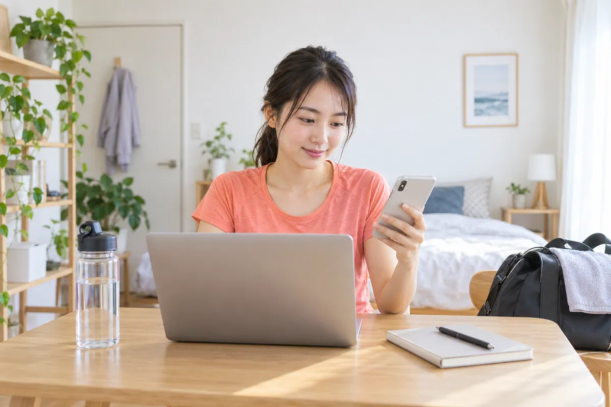 自宅でノートパソコンとスマートフォンを見比べ、申込情報を確認する架空の20代の成人女性。