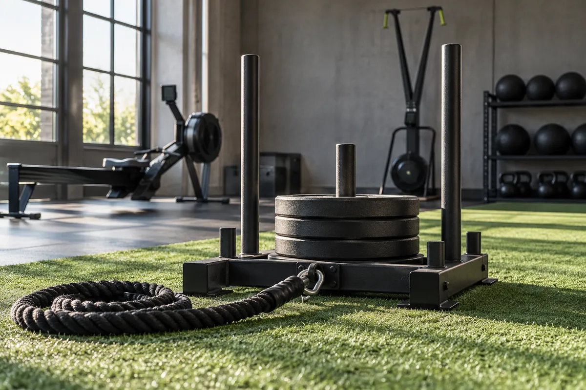Concept image of a push sled and pull rope on indoor turf, with rowing and ski-training equipment in the background.