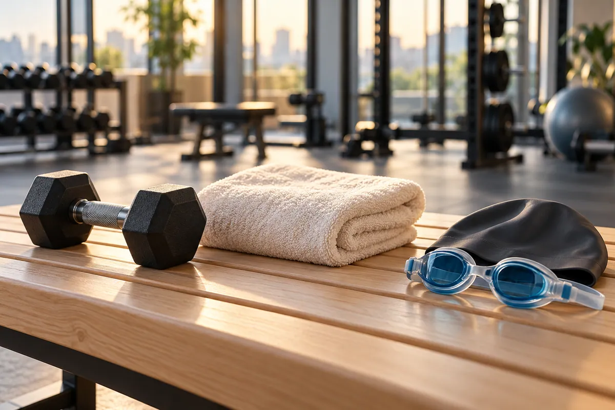 Concept still life of a dumbbell, swimming goggles, swim cap and towel representing gym, swimming and bathing routines.