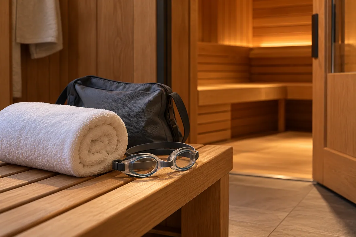 Concept image of a towel and swimming goggles on a changing bench near a warmly lit anonymous sauna doorway.