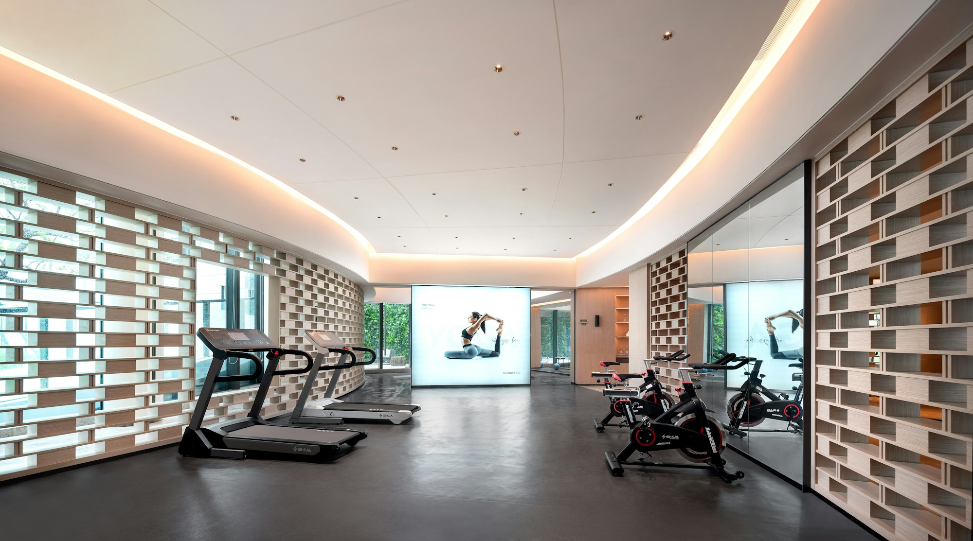Illustrative gym floor with wooden ceilings and large windows